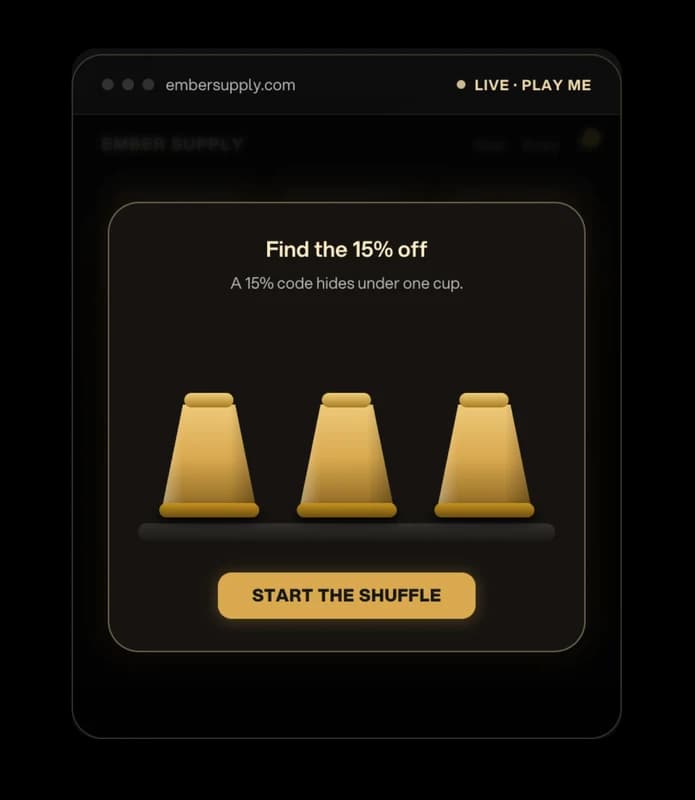 A gamified popup where a discount hides under one of three cups