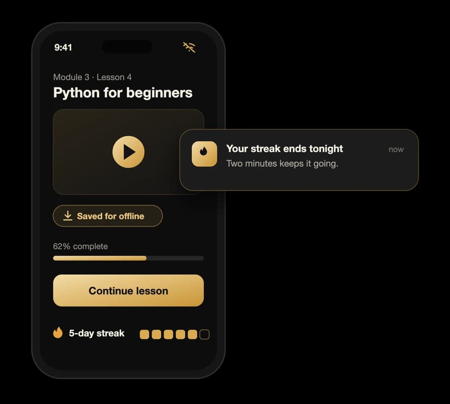 A lesson saved for offline use on a phone, with a streak reminder