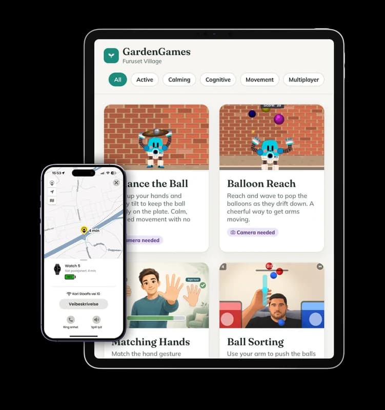 The Safemate app on a phone in front of the GardenGames tablet library