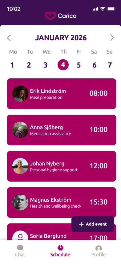 The Carico schedule screen