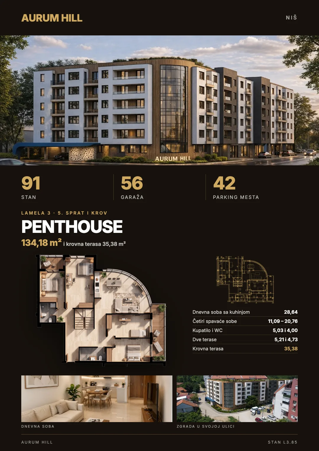 Aurum Hill's catalog page in dark brown and brass: the building, 91 flats, the penthouse from above with its plan and rooms, and two more views