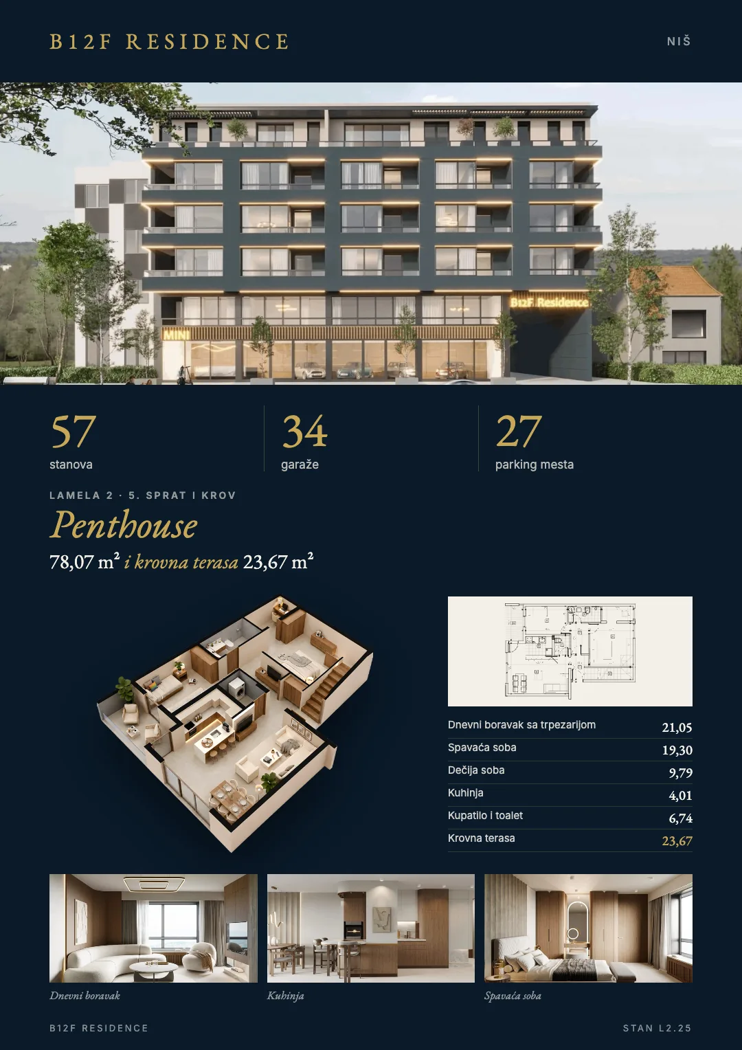 B12F Residence's catalog page in navy and gold: the building on its street, 57 flats, the penthouse in 3D with its plan and rooms, and three interiors