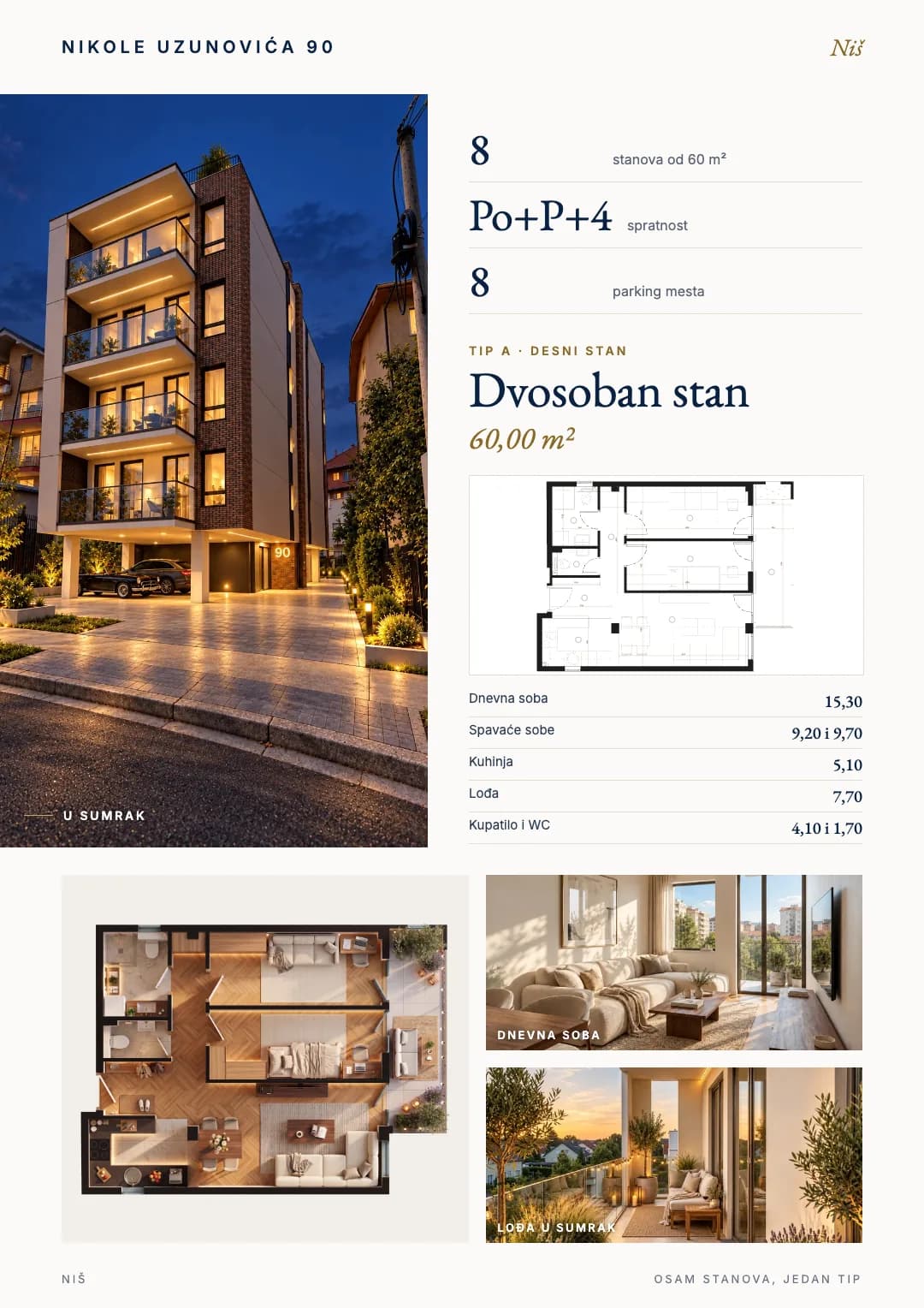 Nikole Uzunovića 90's catalog page: the whole building at dusk beside its facts, the two-bedroom flat with its plan and rooms, the flat in 3D and two interiors
