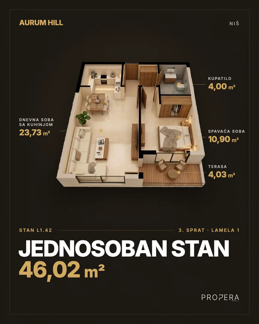 An Instagram post for flat L1.42 in Aurum Hill, each room marked with its area