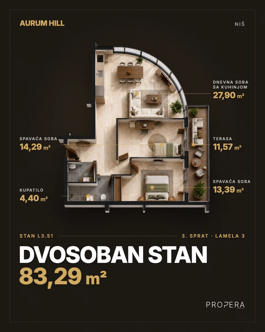 A post for Aurum Hill in its own colours: flat L3.51, two bedrooms, 83.29 m², each room marked with its area