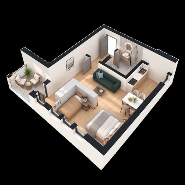 A studio flat in Soko Nova 22 in 3D, made from its plan