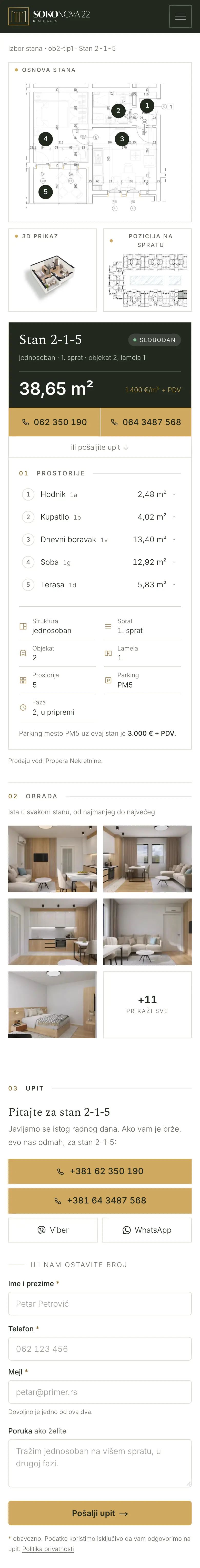 Soko Nova 22's page for flat 2-1-5: its plan, 3D, rooms, finishes, price per m² and the inquiry form